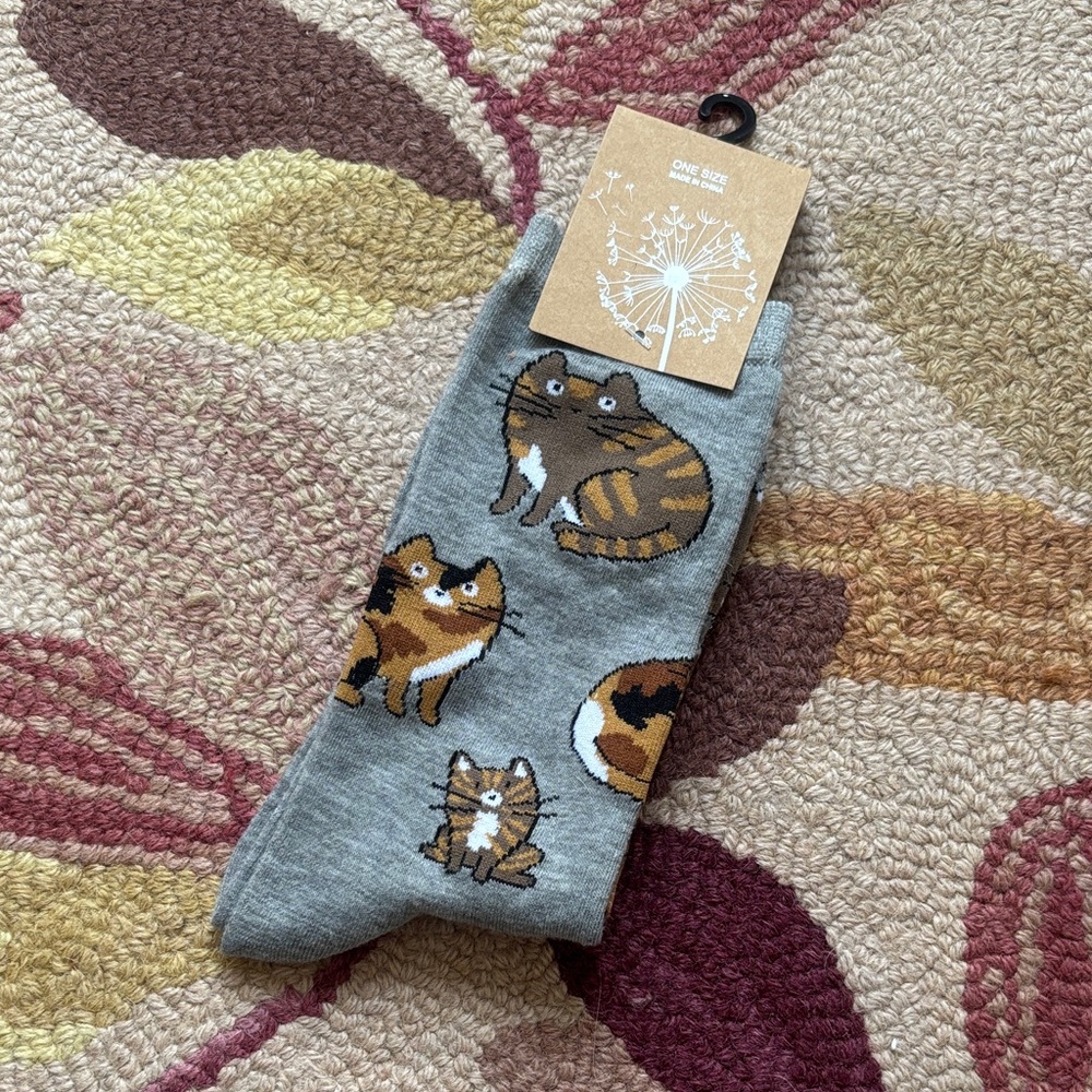 Grey Cat Print Crew Socks